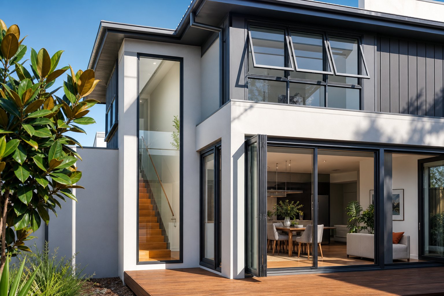 various aluminium window types including awning bi fold and fixed panels integrated into a modern australian home facade