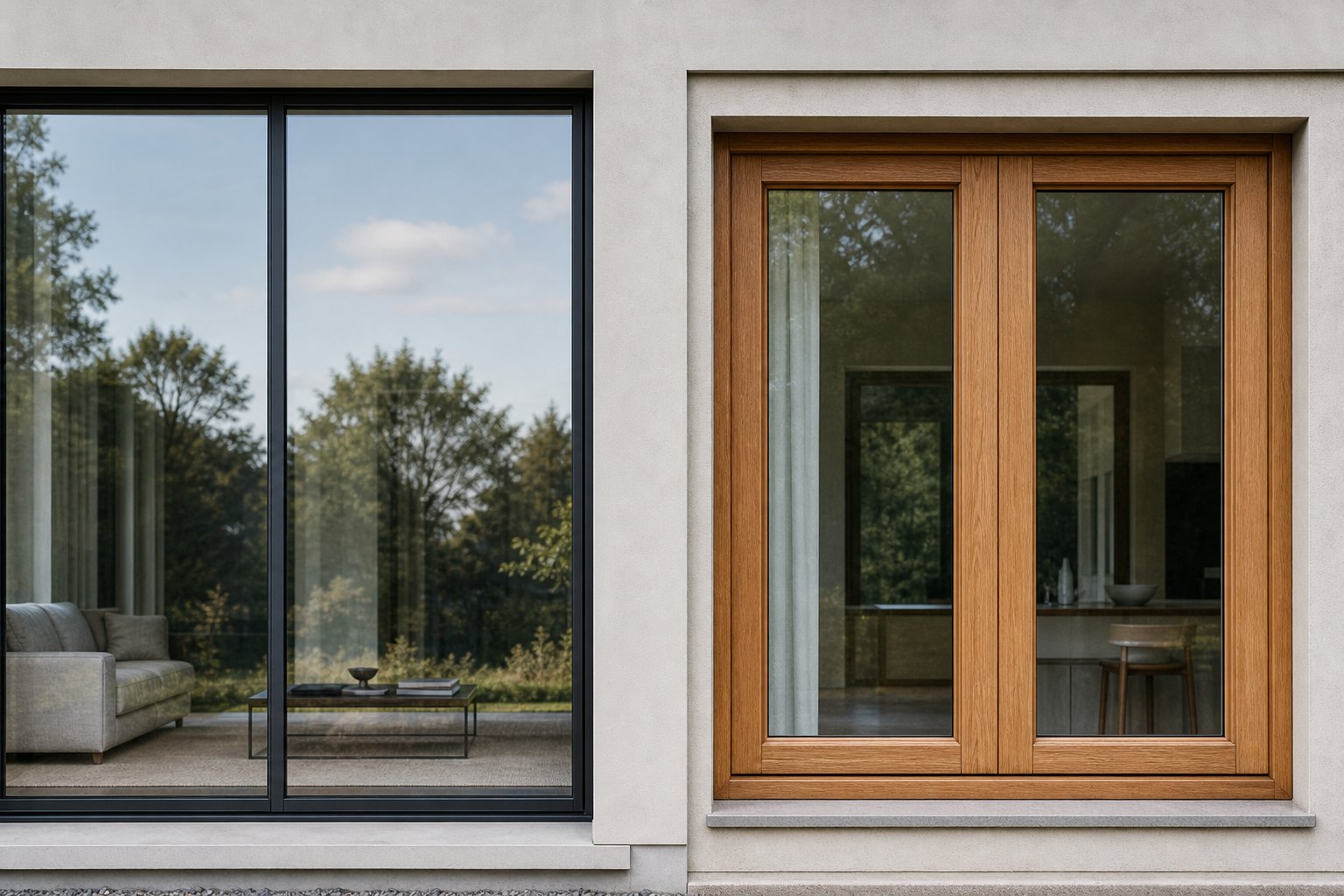 visual comparison of aluminium and timber window frame profiles highlighting differences in sightline width and material characteristics