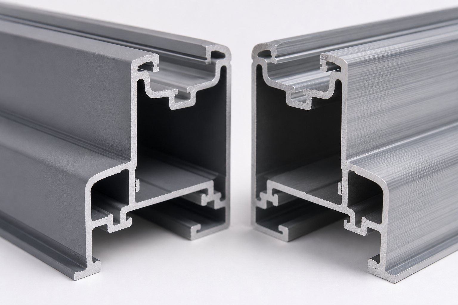 visual comparison of powder coated grey versus anodised grey aluminium window profiles