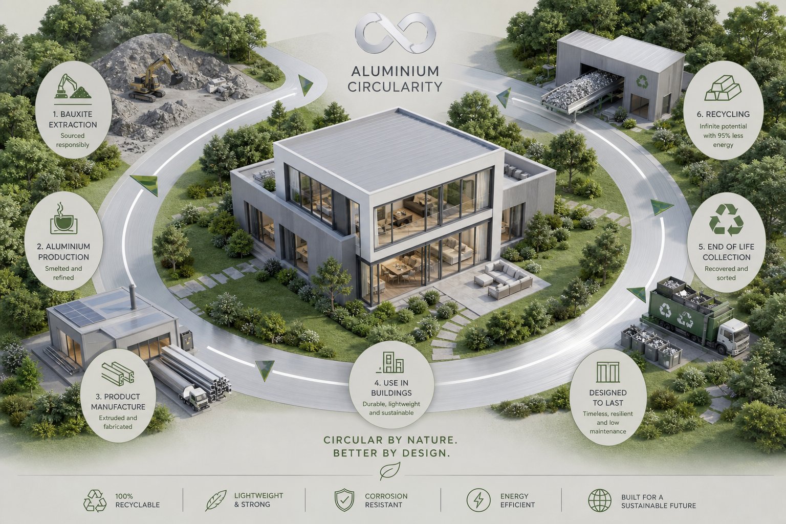 visual concept of aluminium's circular lifecycle from manufacturing through decades of service to full recyclability