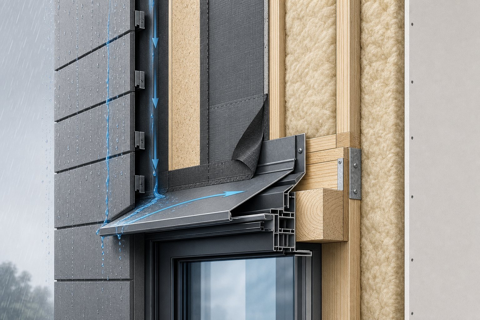 water running down the wall face is intercepted by head flashing and redirected outward before reaching the window frame