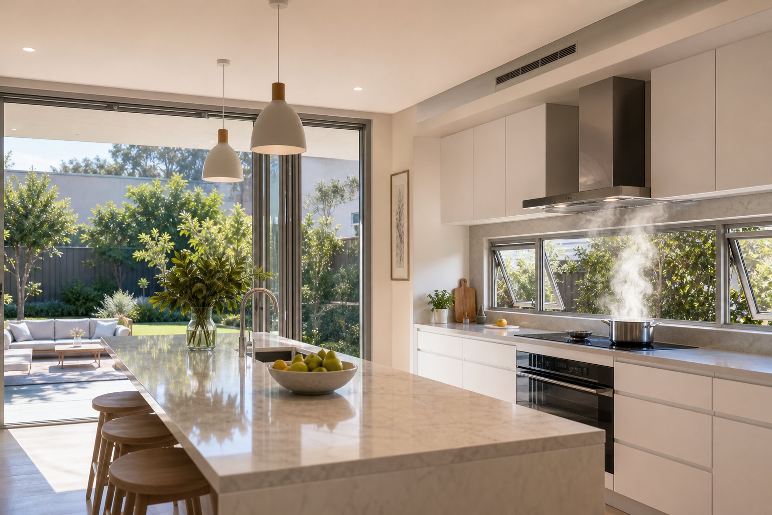 well ventilated modern kitchen with aluminium windows featuring trickle vents and mechanical extraction to prevent condensation