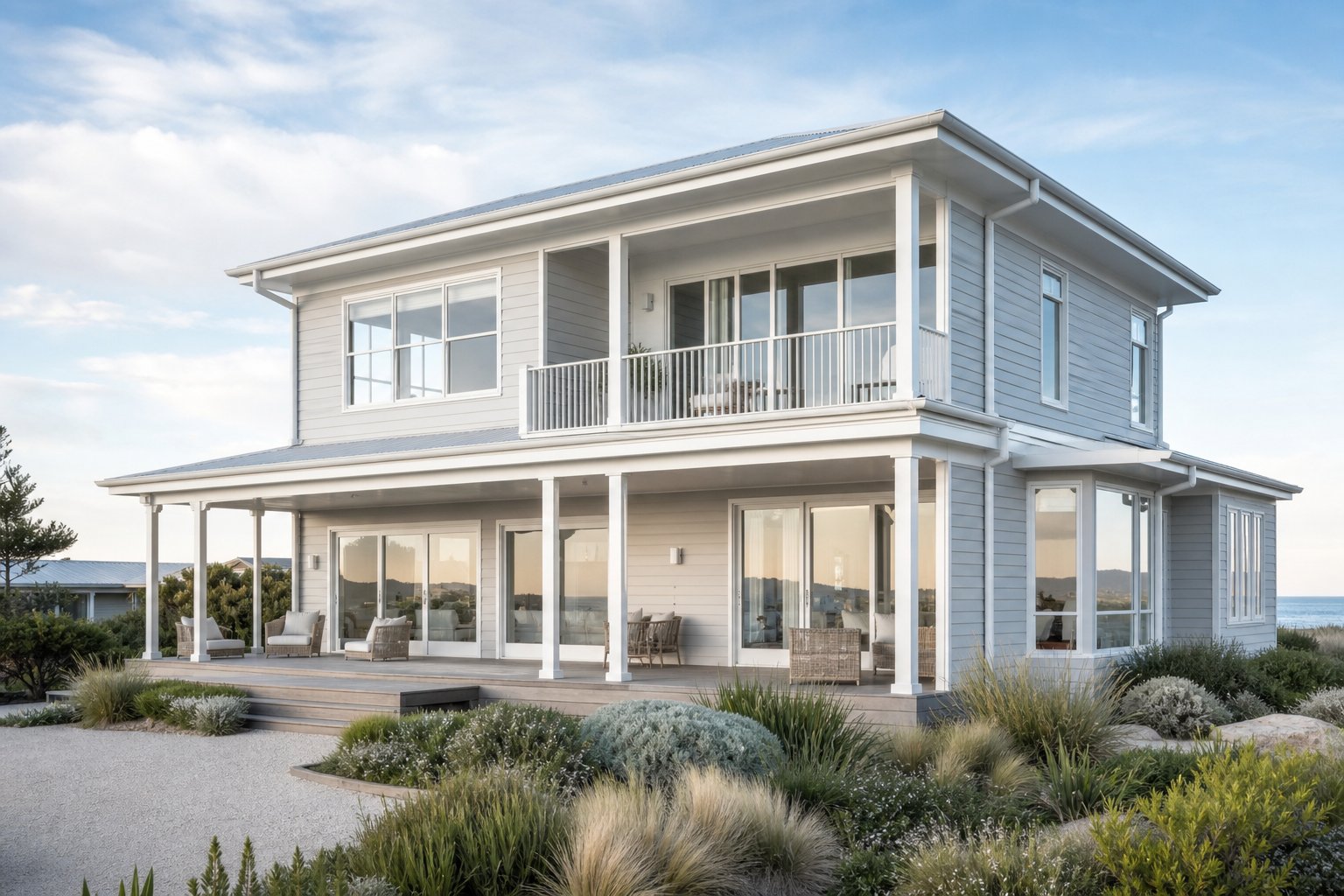 white aluminium window frames complementing a coastal hamptons style facade with weatherboard cladding