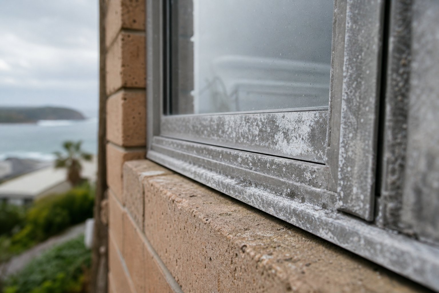 white powdery oxidation forming on an aluminium window frame exposed to australian coastal conditions