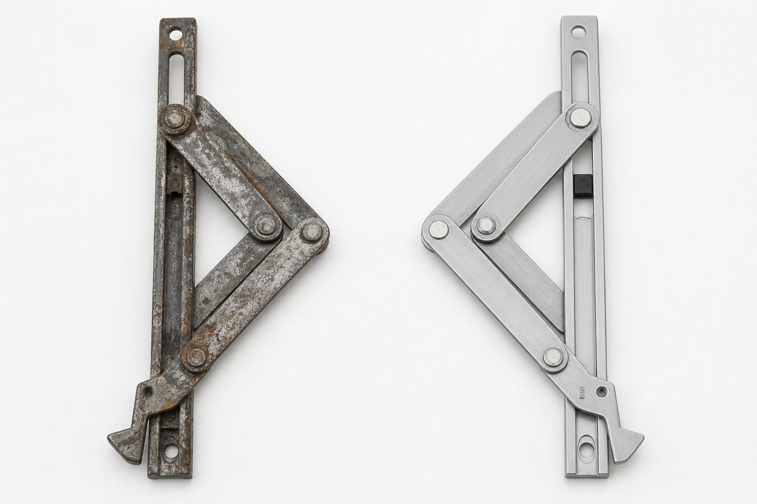 worn friction stay showing visible track wear alongside a new replacement unit ready for installation