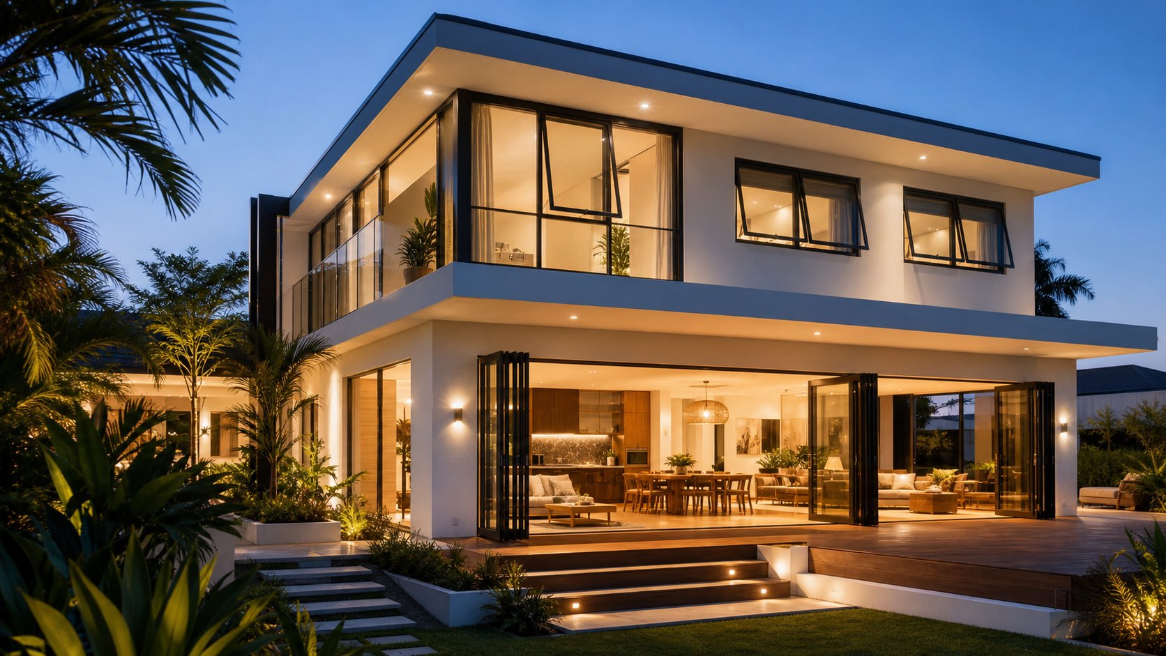 a coordinated aluminium window system combining multiple window types for residential architectural design