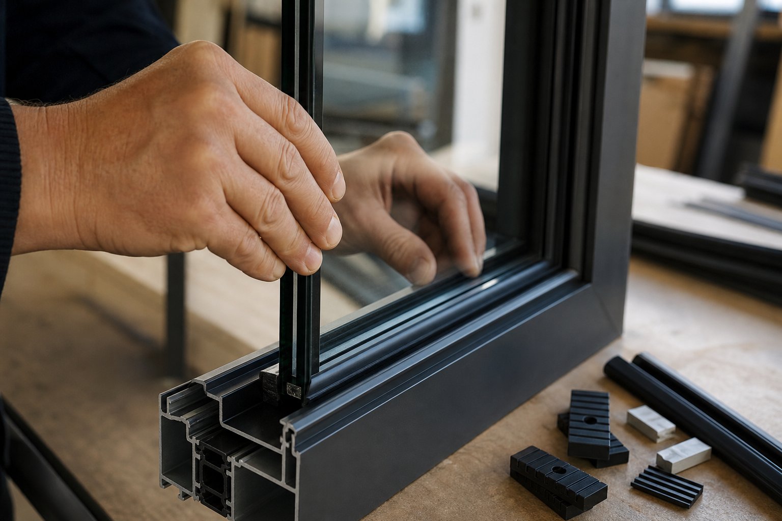 a glazier fitting a sealed insulated glass unit into an aluminium window frame during the retrofit double glazing process