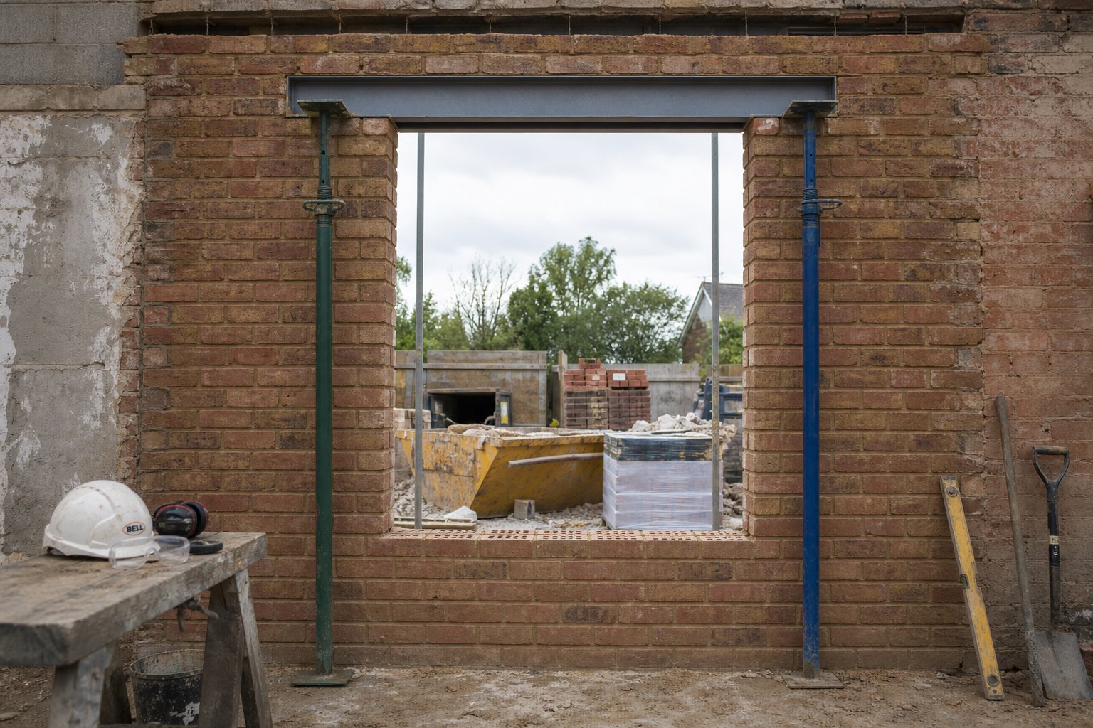 a new window opening formed in a brick wall with steel lintel installed and temporary structural support in place