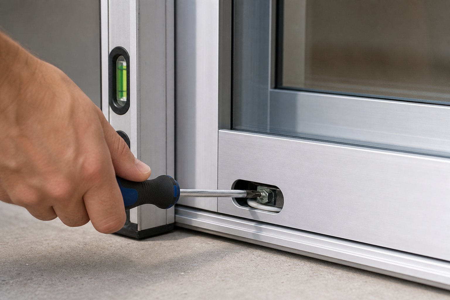 adjusting roller height screws on the bottom rail of an aluminium sliding door panel