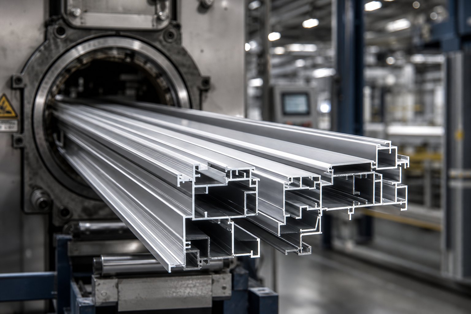 aluminium alloy profiles after extrusion showing the complex hollow shapes that give doors their strength to weight advantage