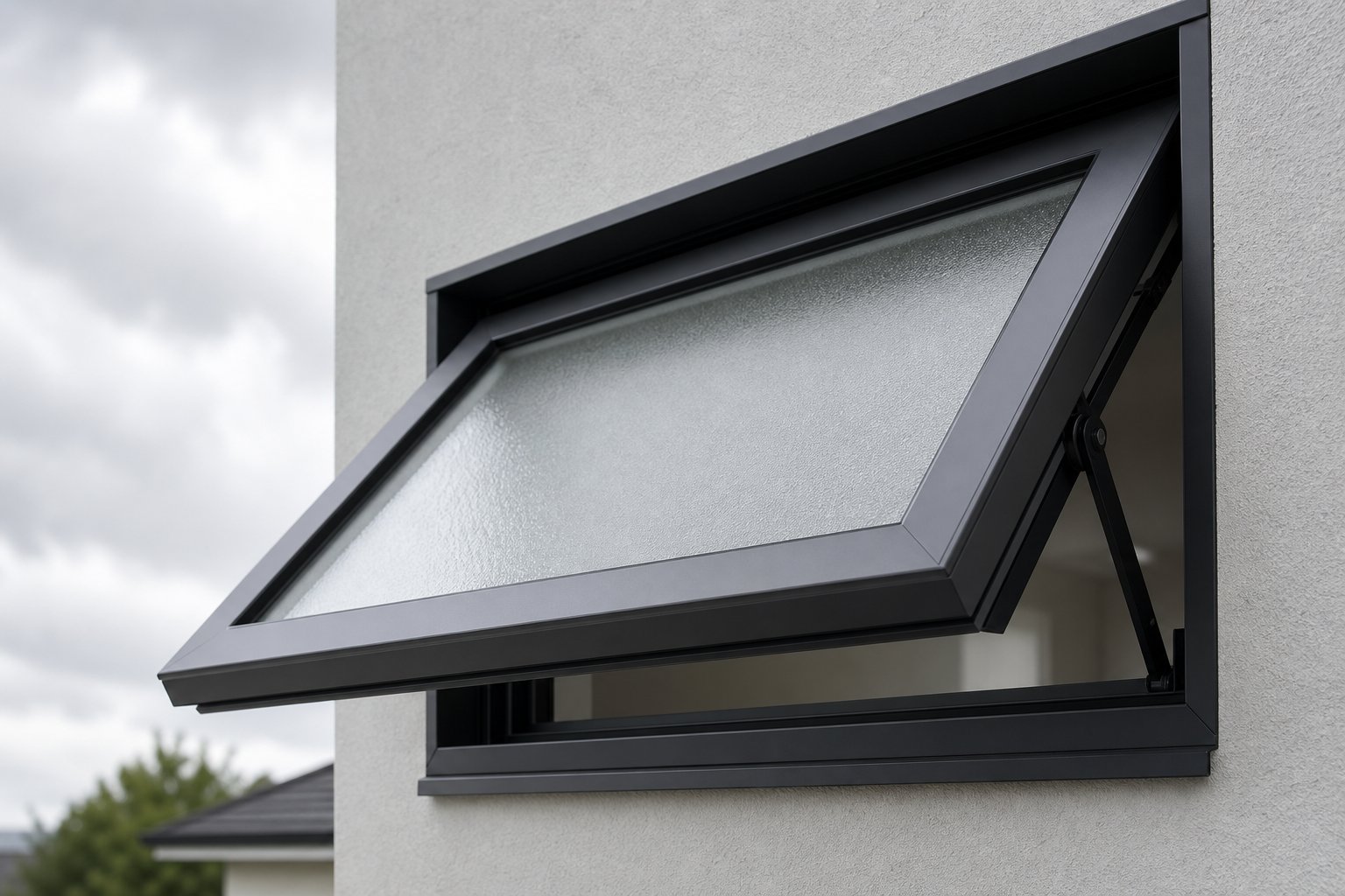 aluminium awning window tilted open for ventilation while deflecting rain away from the interior
