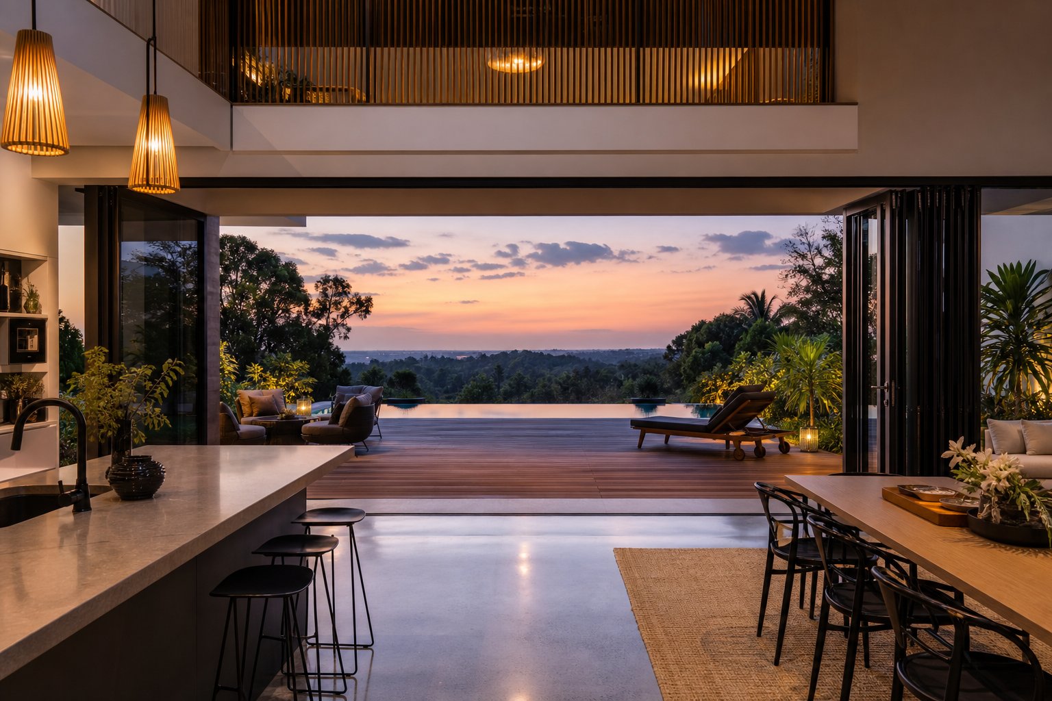 aluminium bi fold doors fully opened to create seamless indoor outdoor living in a contemporary australian home