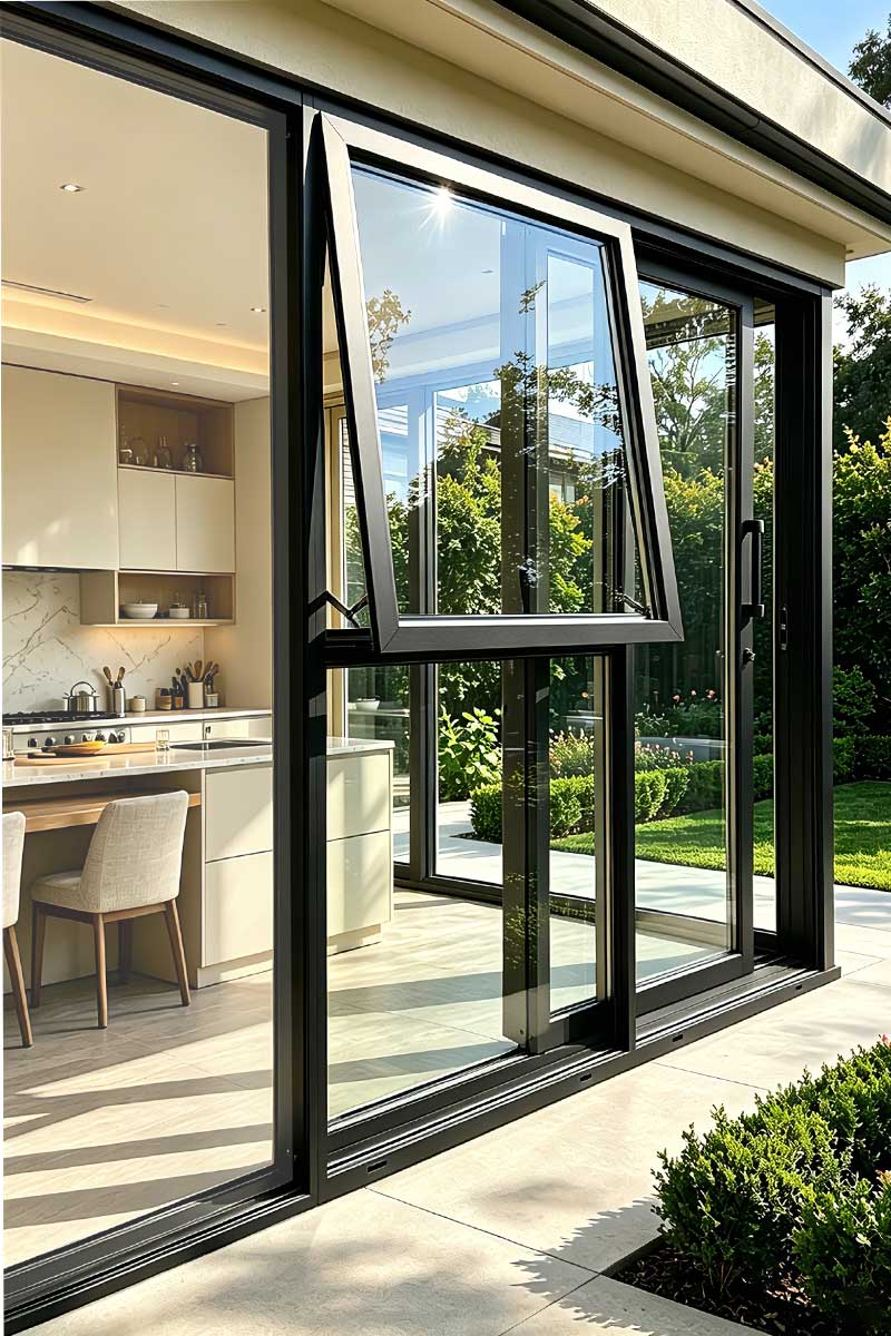 aluminium casement windows open outward on side hinges delivering near complete ventilation area with slim frame profiles