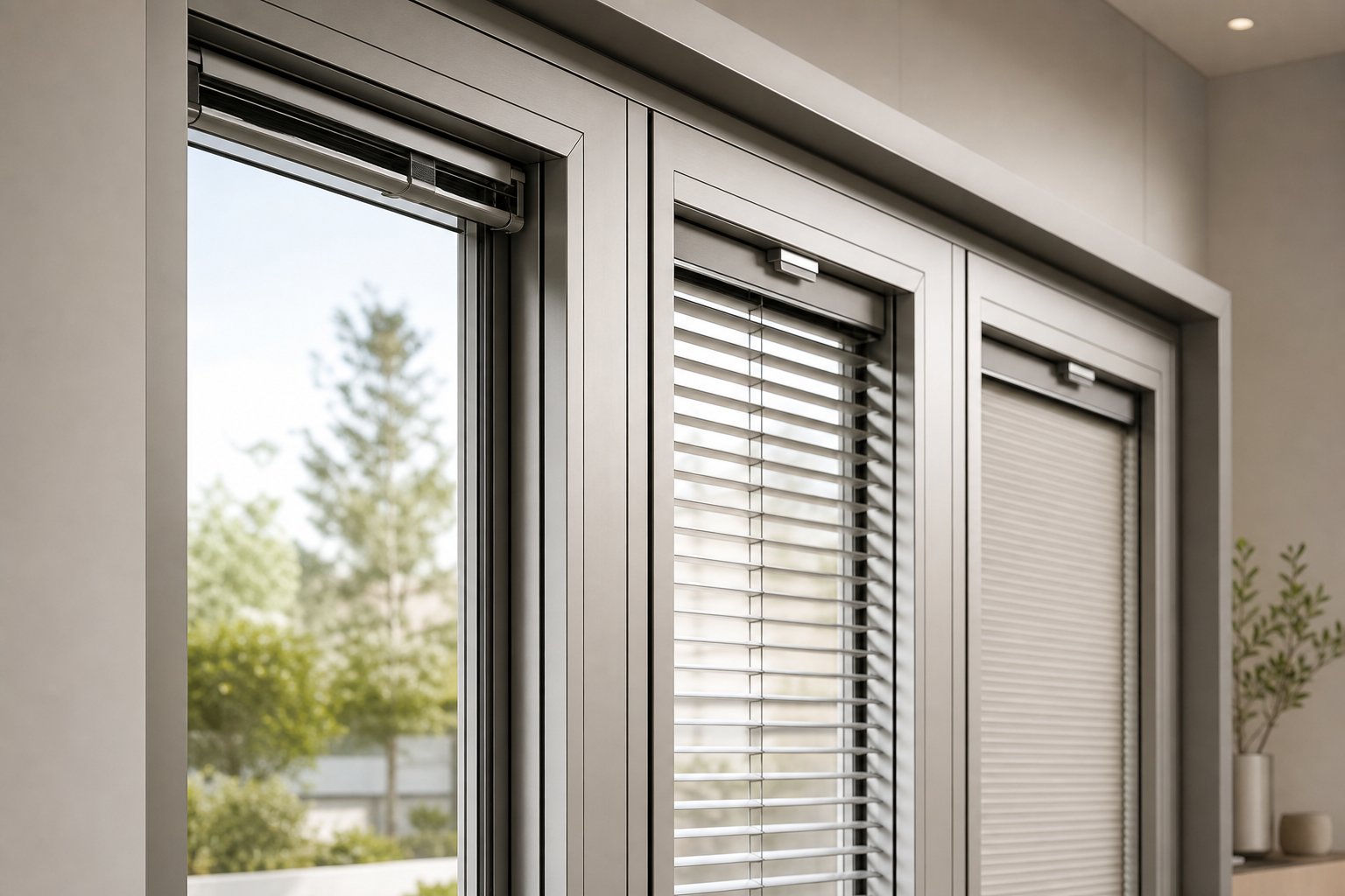 aluminium integral blind options including venetian slats and pleated fabric each operated independently within sealed glass units