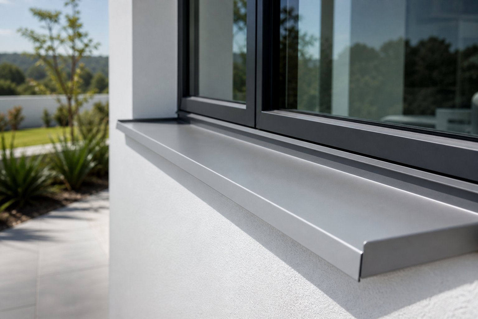 aluminium sill pan flashing installed beneath a modern window frame with outward drainage slope