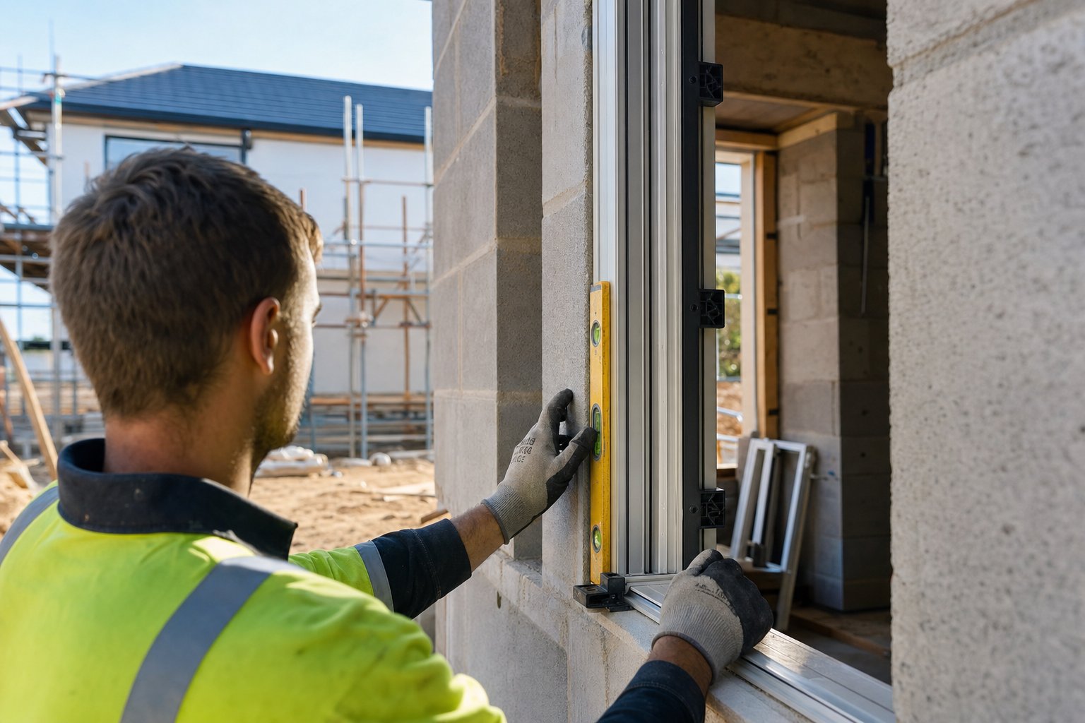 aluminium subframe being levelled and positioned within a structural opening during new home construction