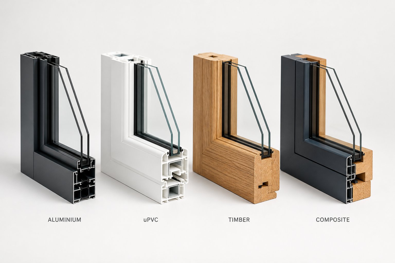 aluminium upvc timber and composite window frame profiles compared side by side