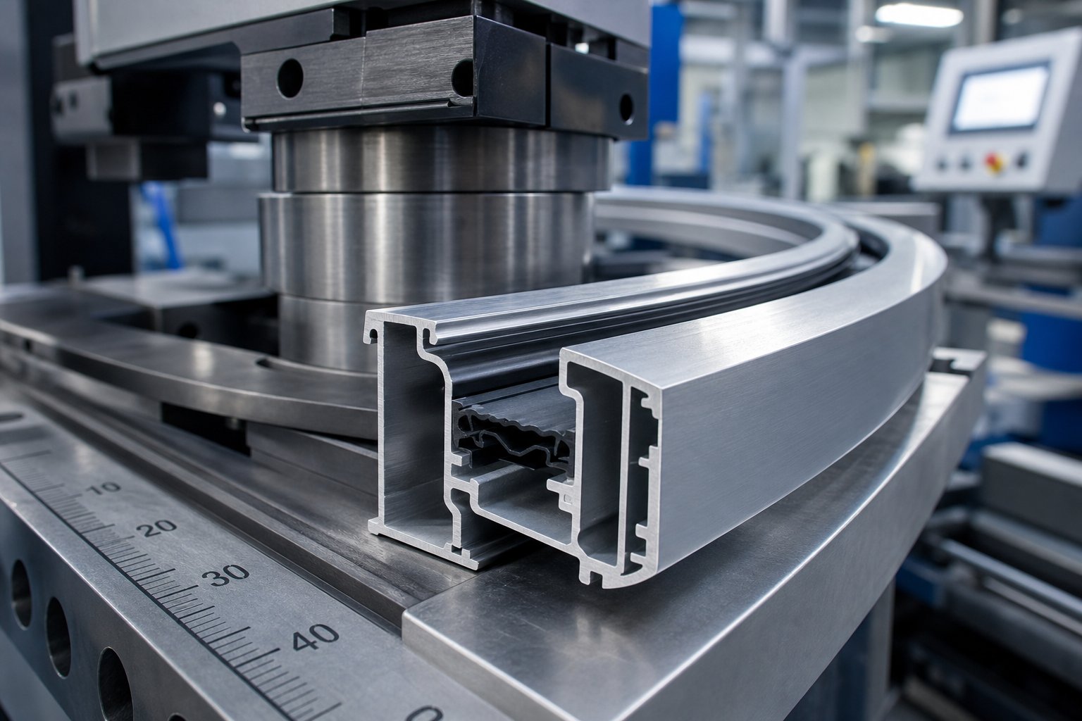 aluminium window extrusion undergoing precision cnc bending to achieve a smooth continuous curve for architectural applications