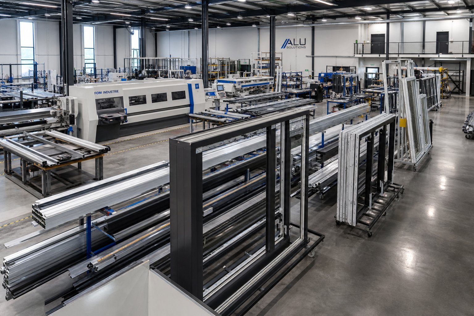 aluminium window fabrication facility where profiles are cut machined and assembled into finished units