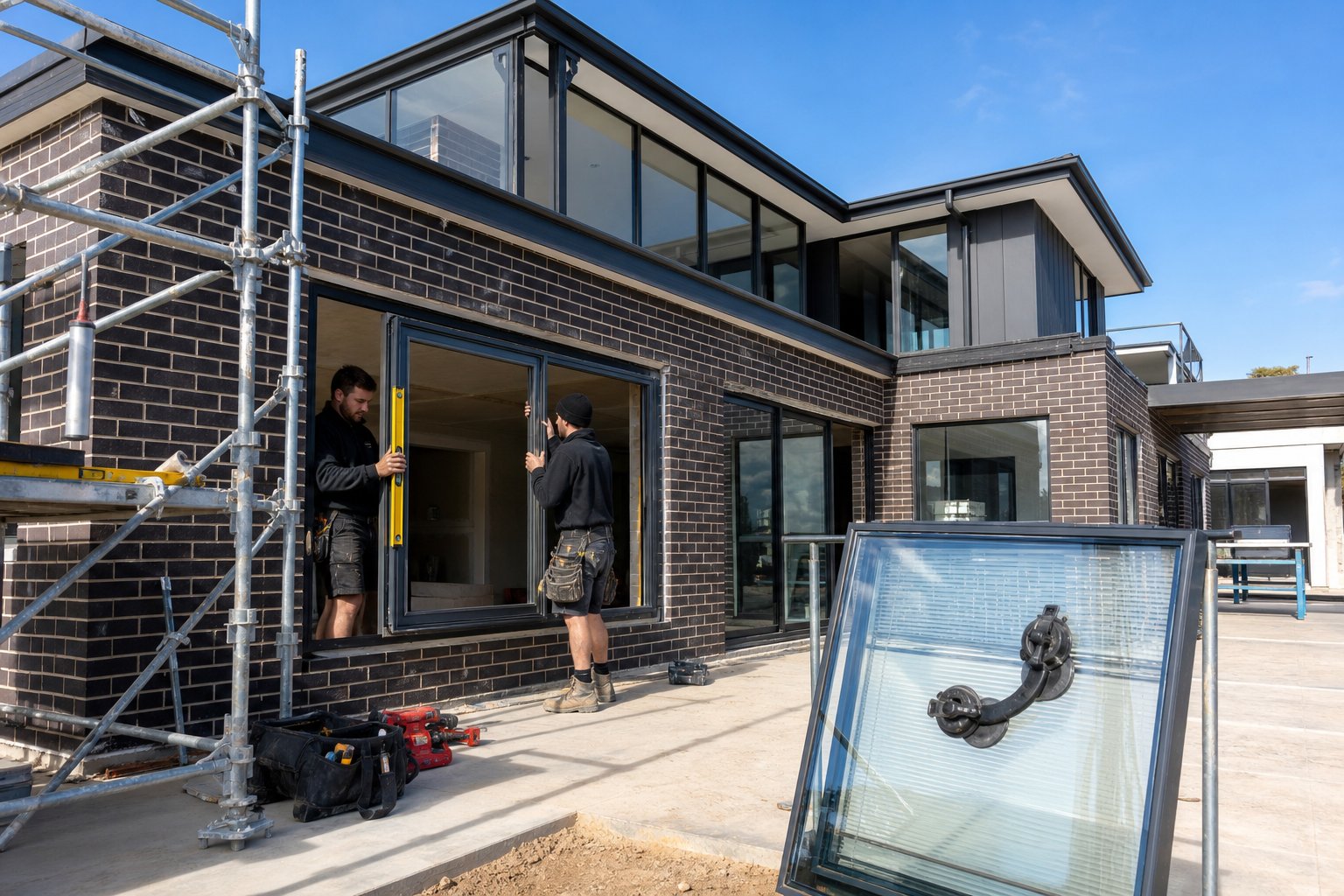 aluminium window frame installation with sealed integral blind units ready for glazing on a contemporary australian build