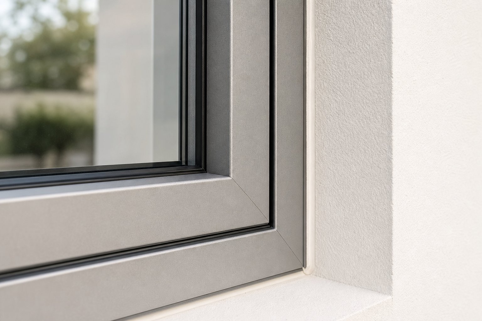 aluminium window frame profile showing the interface between frame glazing and wall reveal