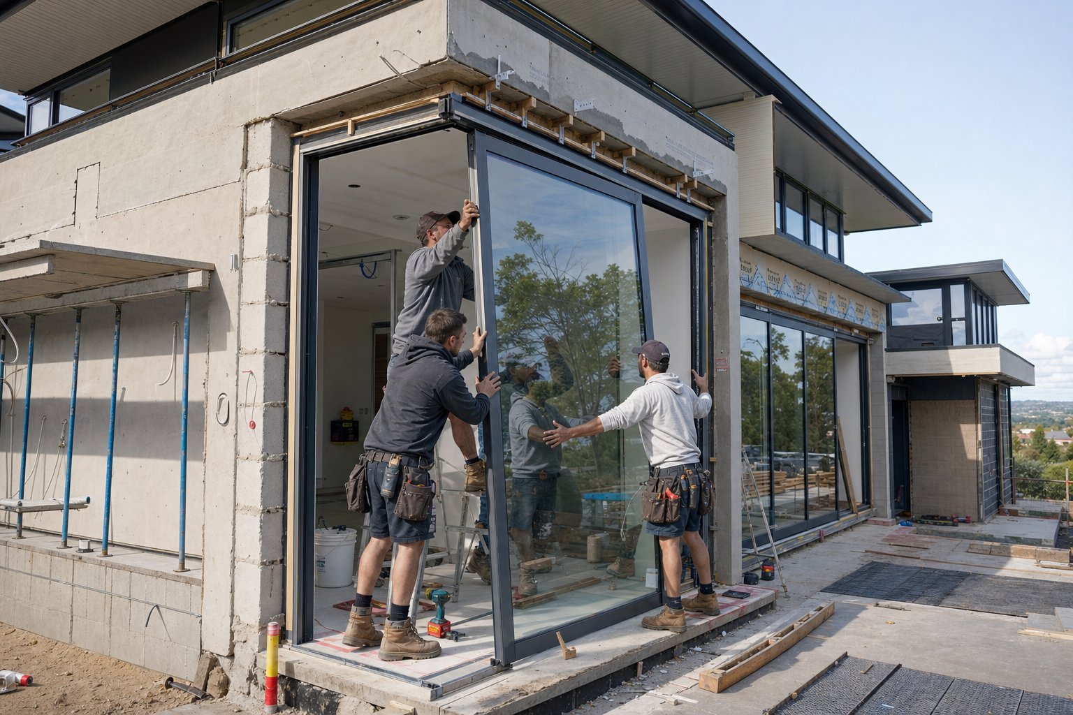 aluminium window installation into a structural opening with correct packer placement and fixing methodology