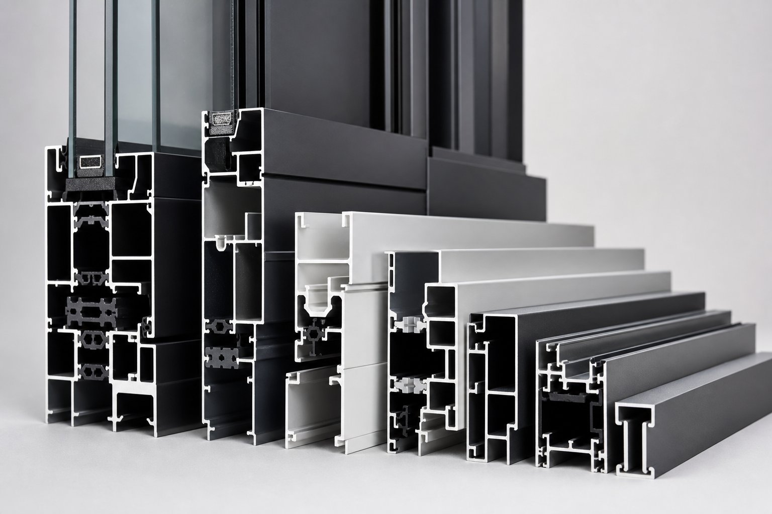 aluminium window profiles in various thicknesses and powder coat finishes showing the range of specification options