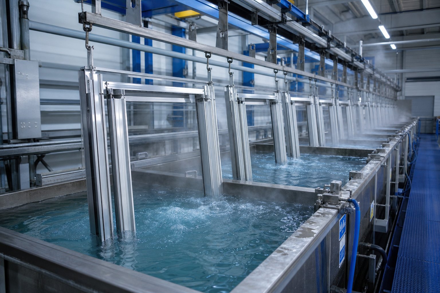 aluminium window profiles moving through a multi stage chemical pre treatment line before powder coating application
