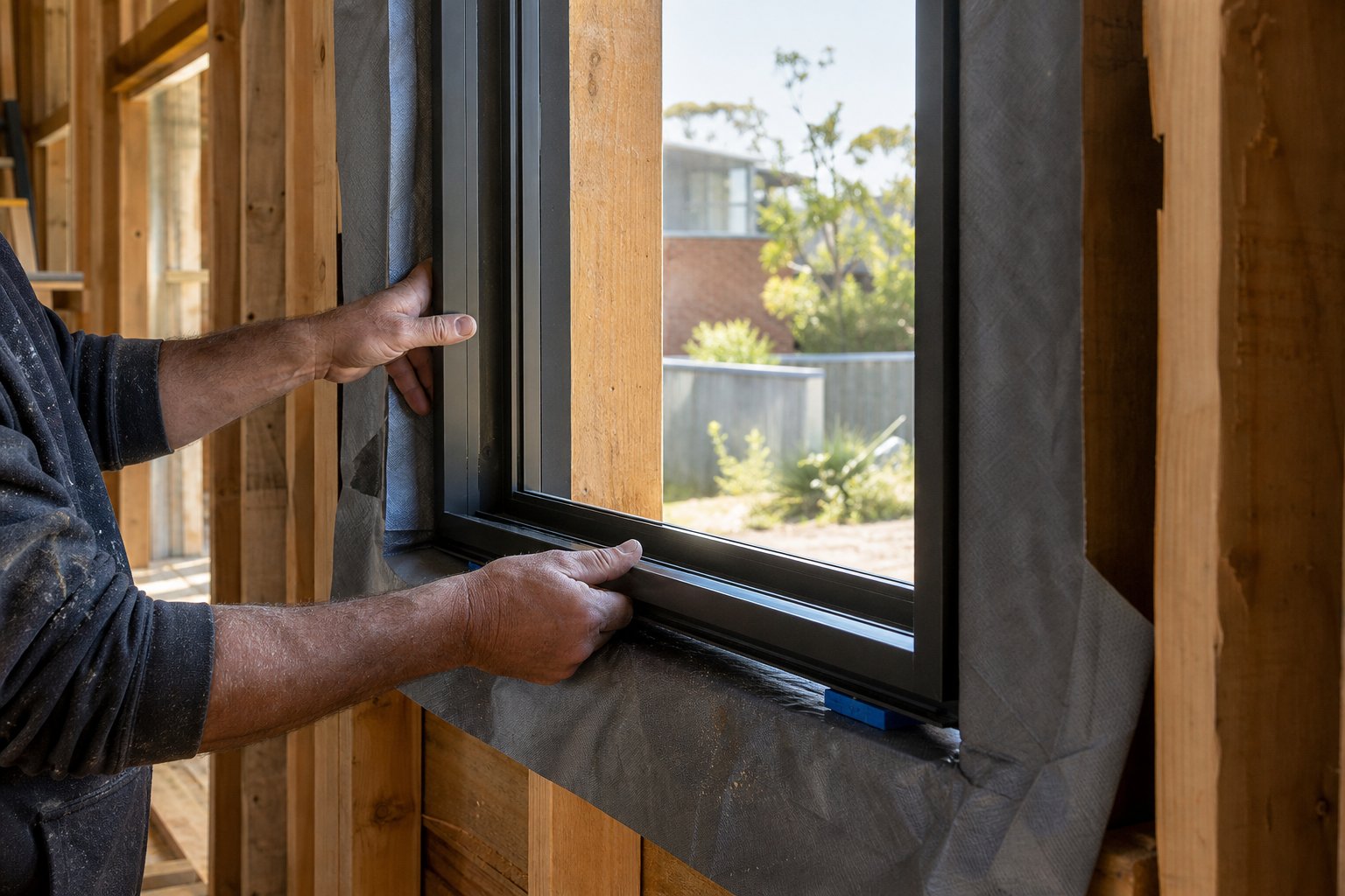 aluminium window unit being installed into a timber rough opening with proper shimming and weatherproofing membrane