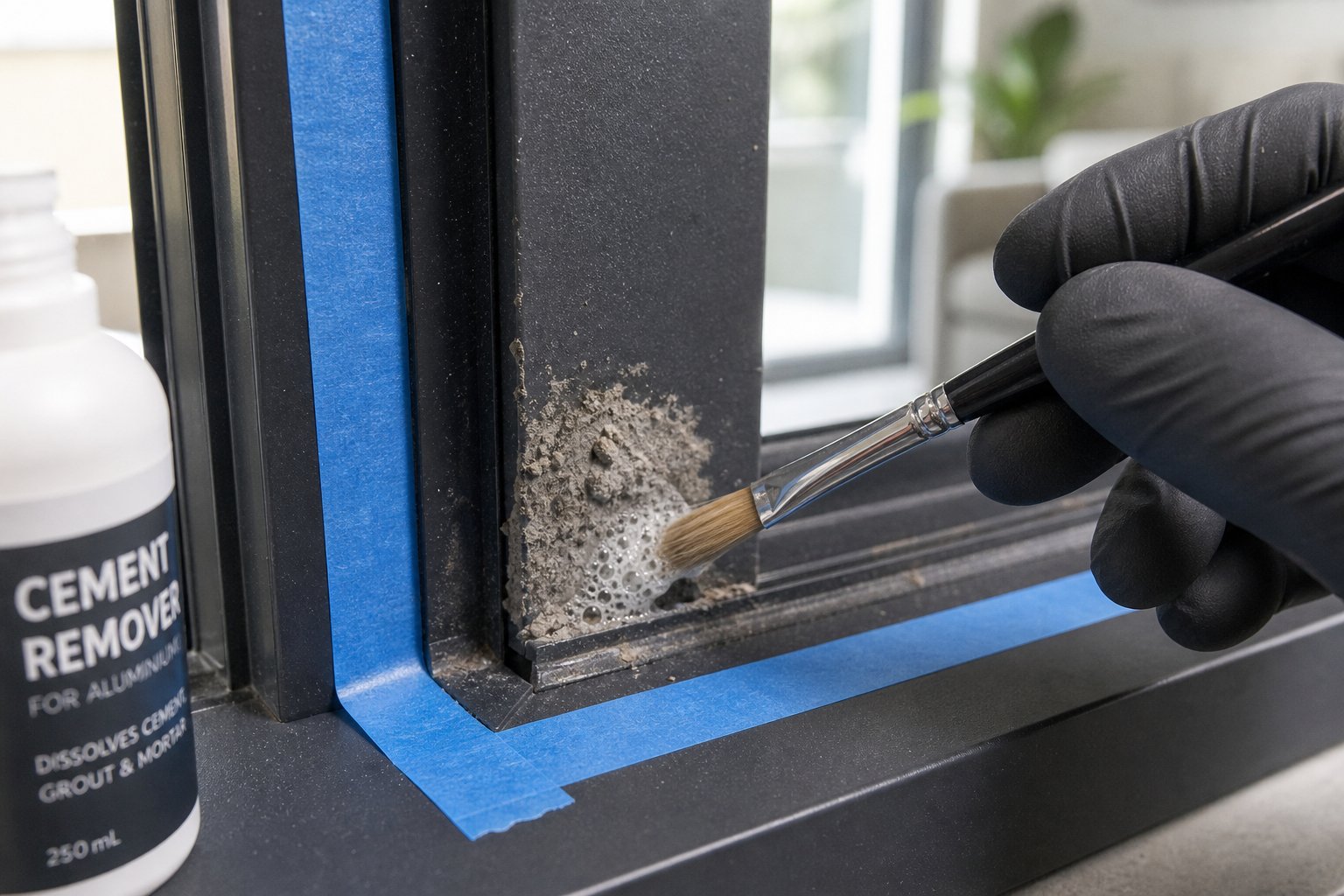 applying phosphoric acid based cement remover precisely to stubborn deposits on a powder coated aluminium frame