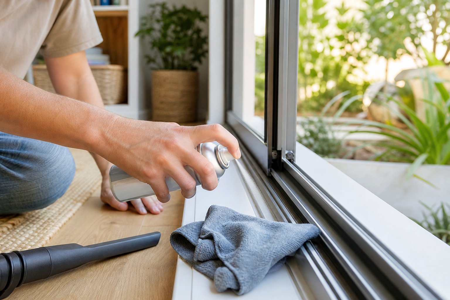 applying silicone lubricant to an aluminium window track as part of a regular maintenance routine to extend runner lifespan