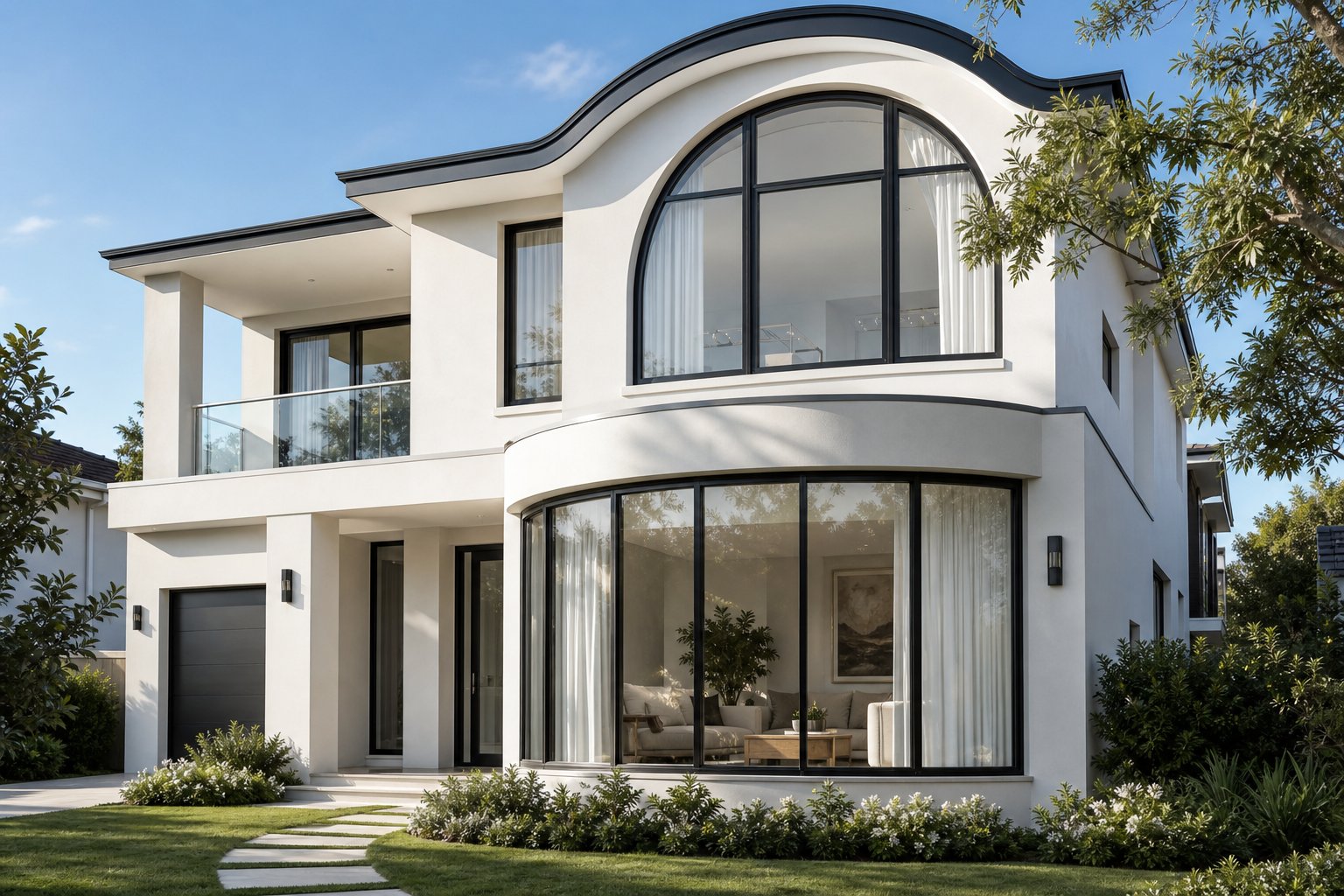 arch top and radius bay curved aluminium window styles integrated into a modern australian home facade