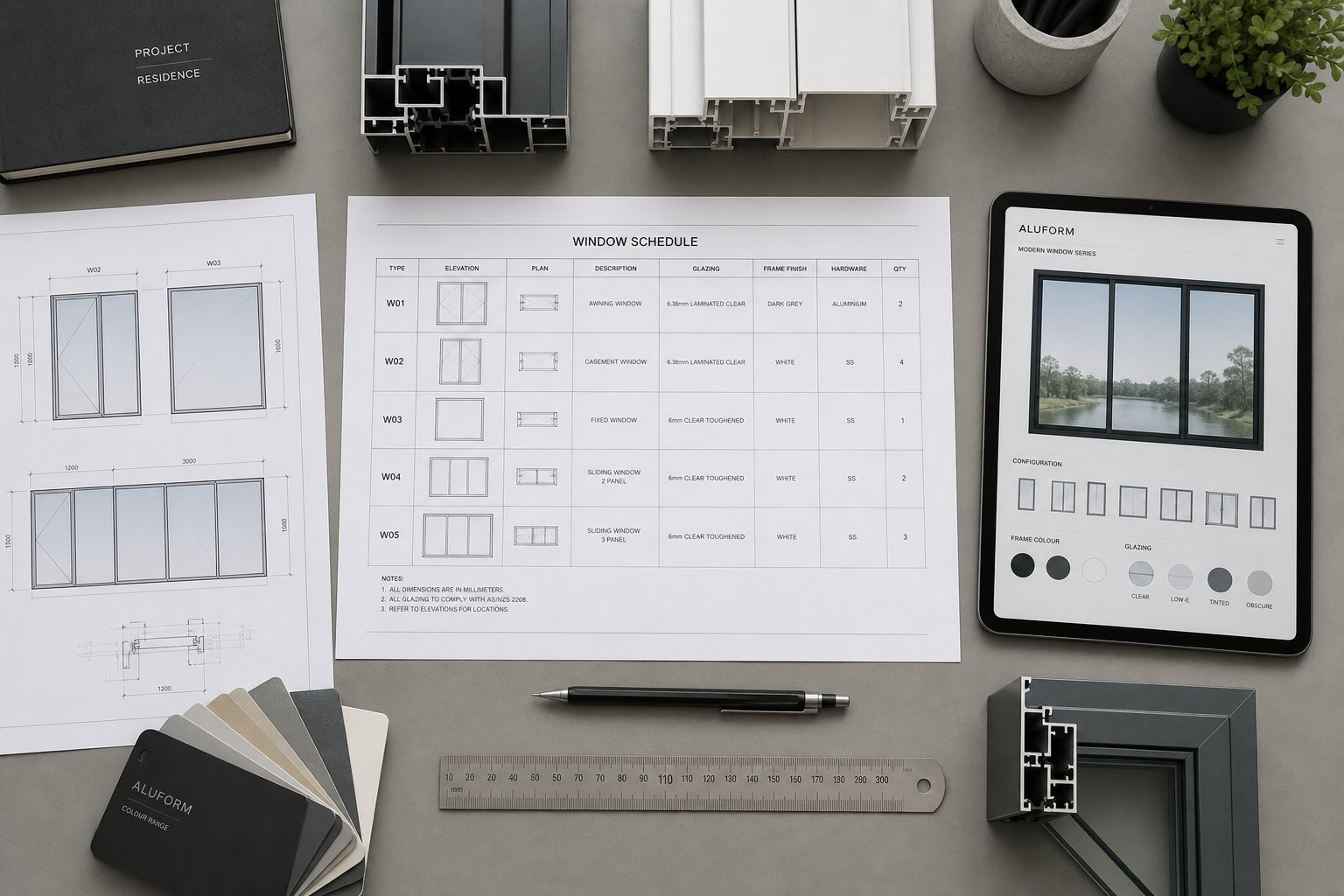 architectural window schedules and aluminium profile samples used for accurate project specific quoting