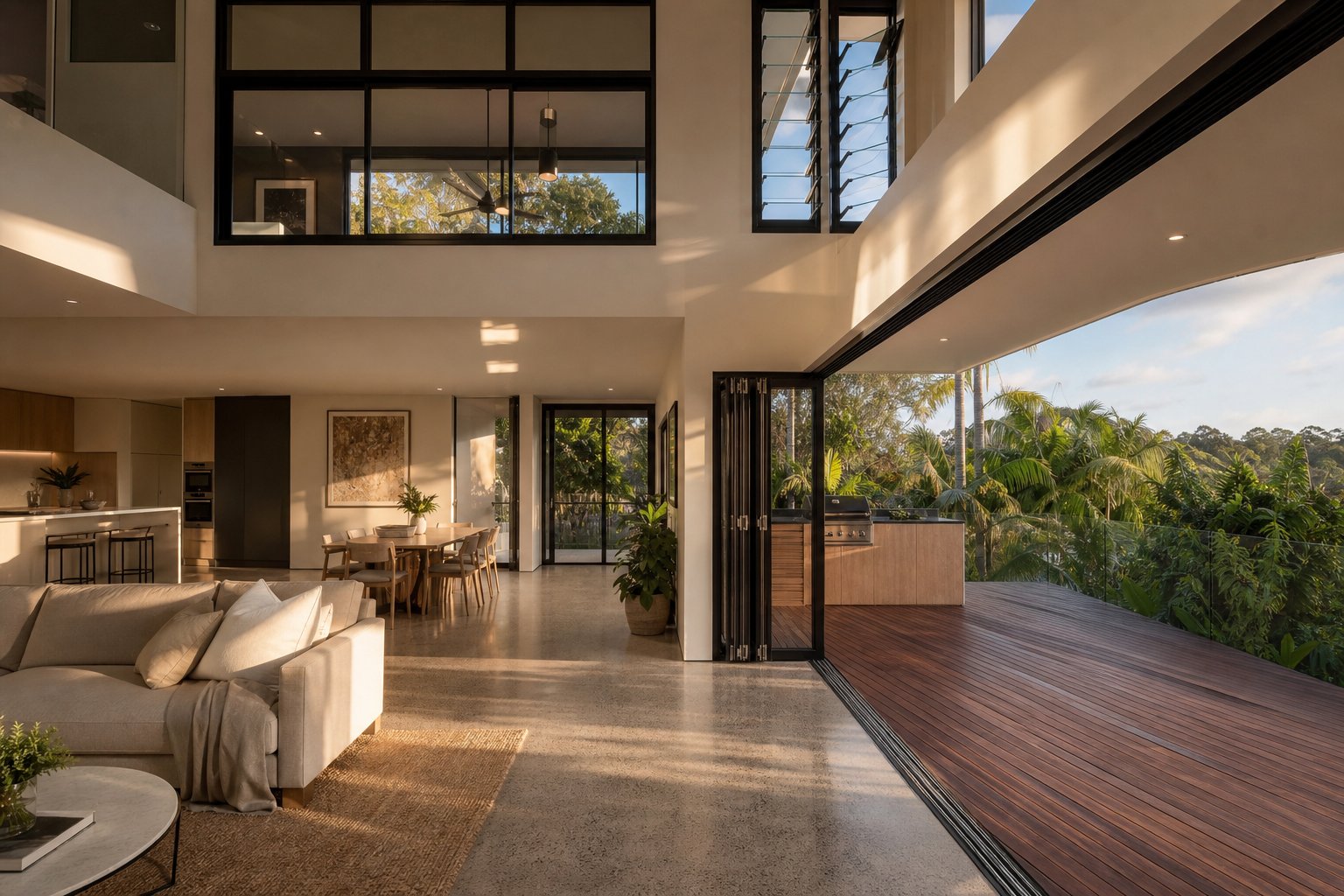 bi fold and fixed aluminium windows creating seamless indoor outdoor flow in a central coast living area