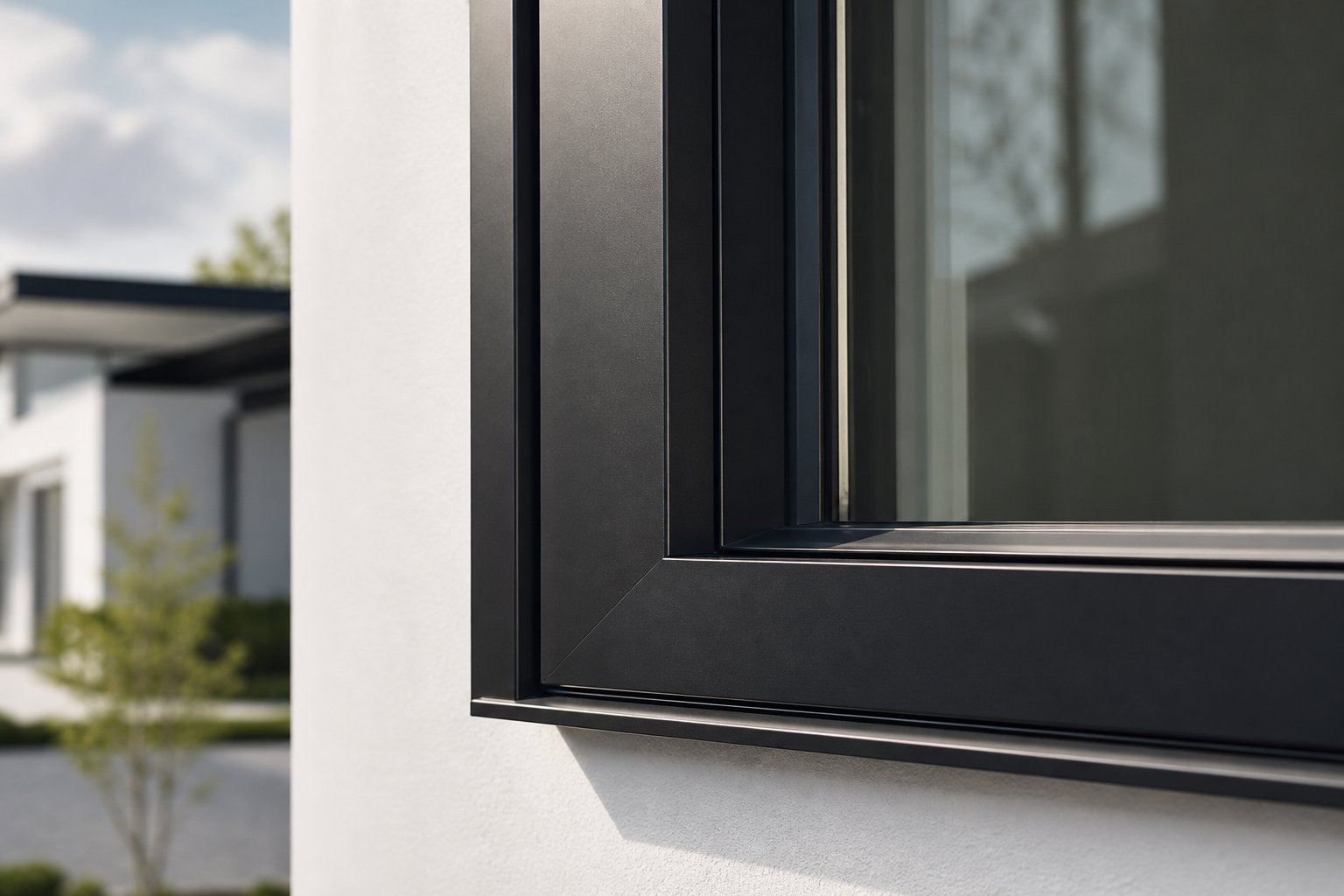 black powder coated aluminium window frame showing the deep matte finish and slim profile detail