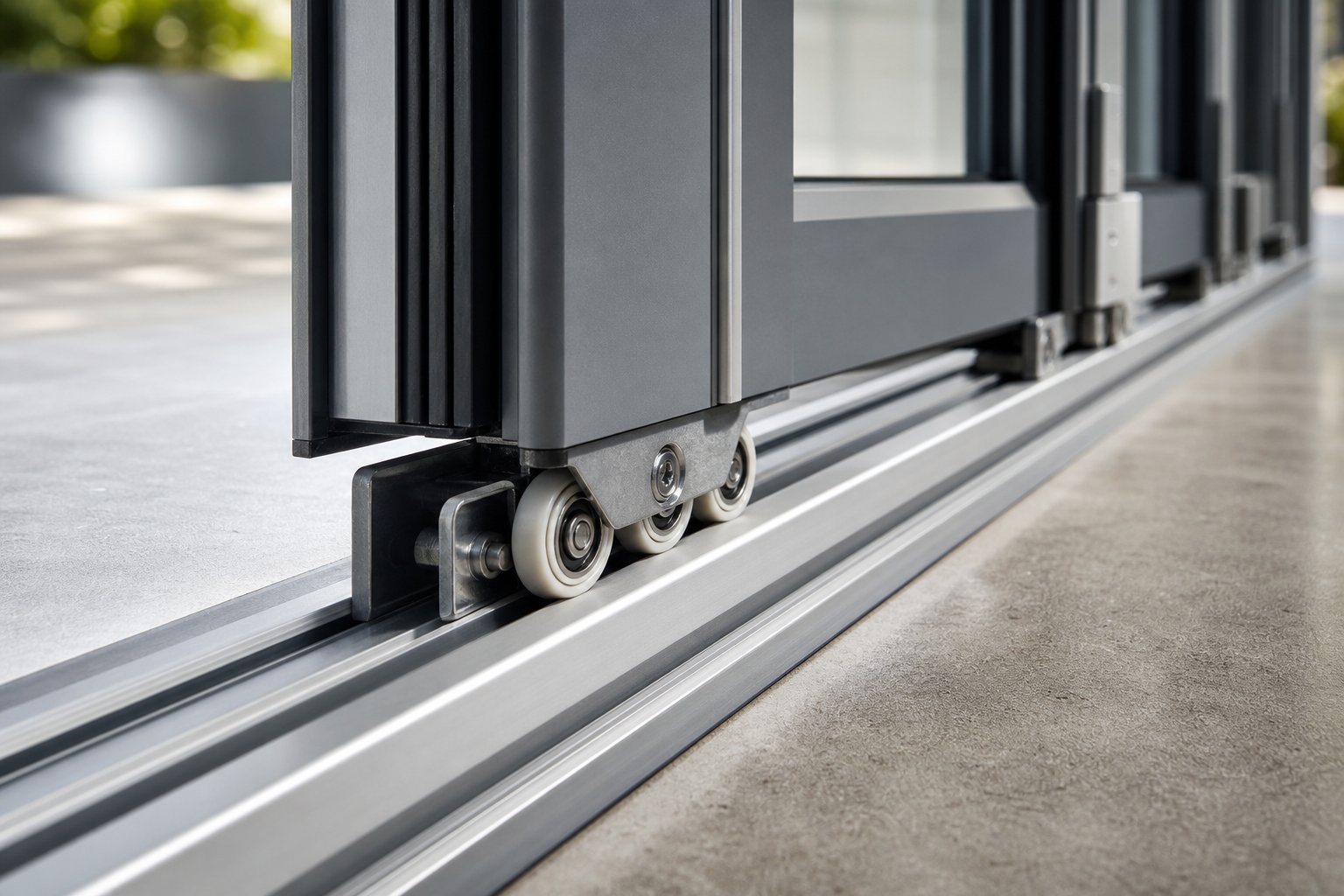 bottom rolling bifold door system showing the floor track and roller carriage mechanism