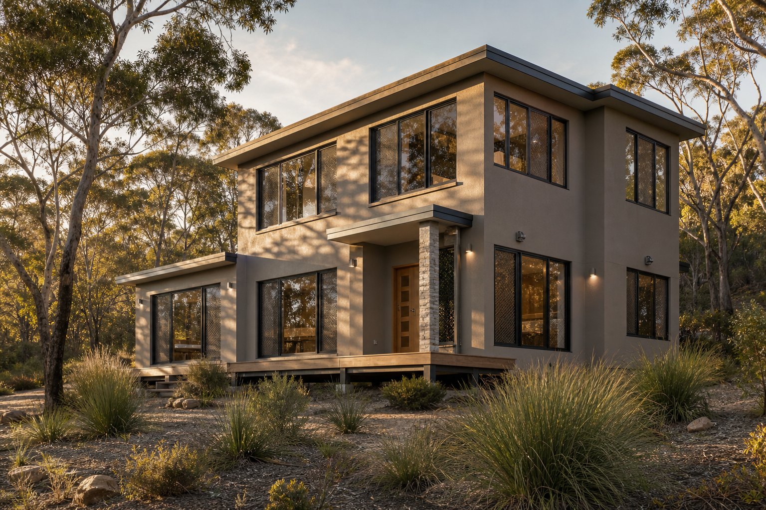 bushfire compliant aluminium casement windows with protective screening on an australian home in a bushland setting