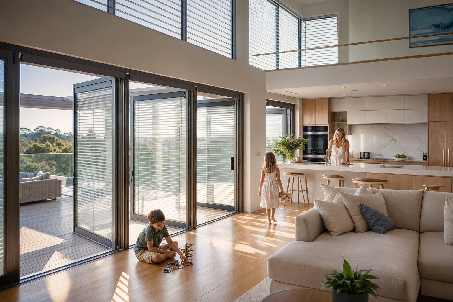 child safe aluminium windows with integral blinds in a family living space %E2%80%94 no cords no dust and effortless light control
