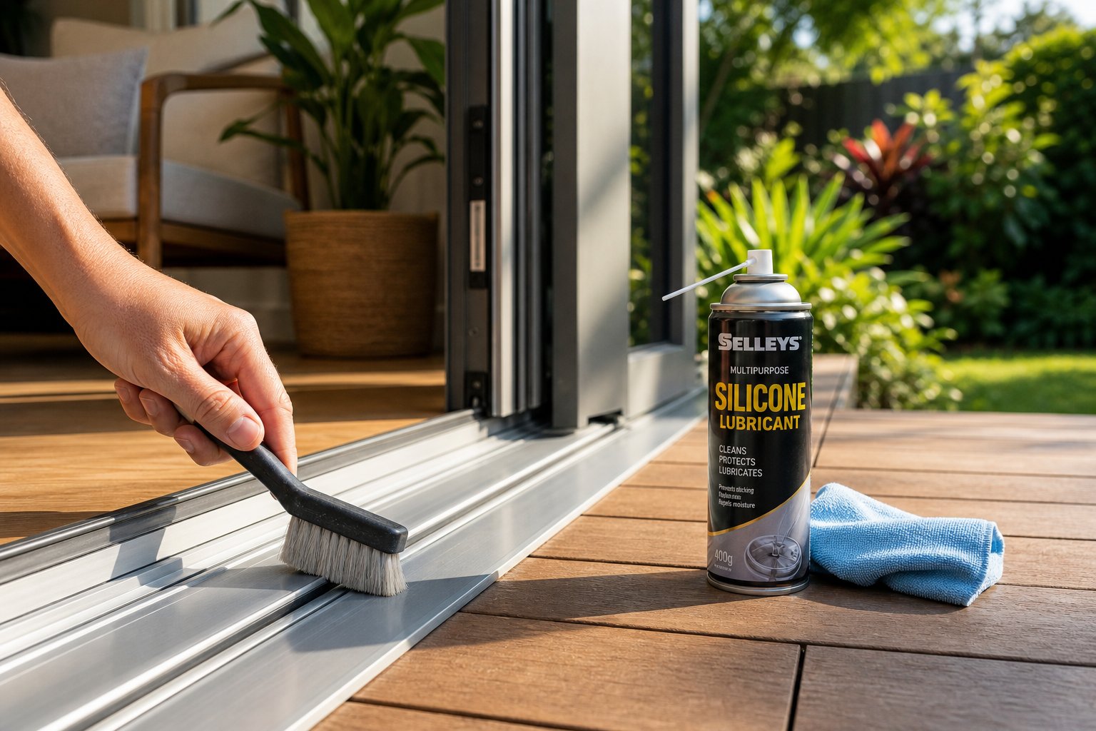 cleaning and lubricating an aluminium bifold door track as part of seasonal maintenance