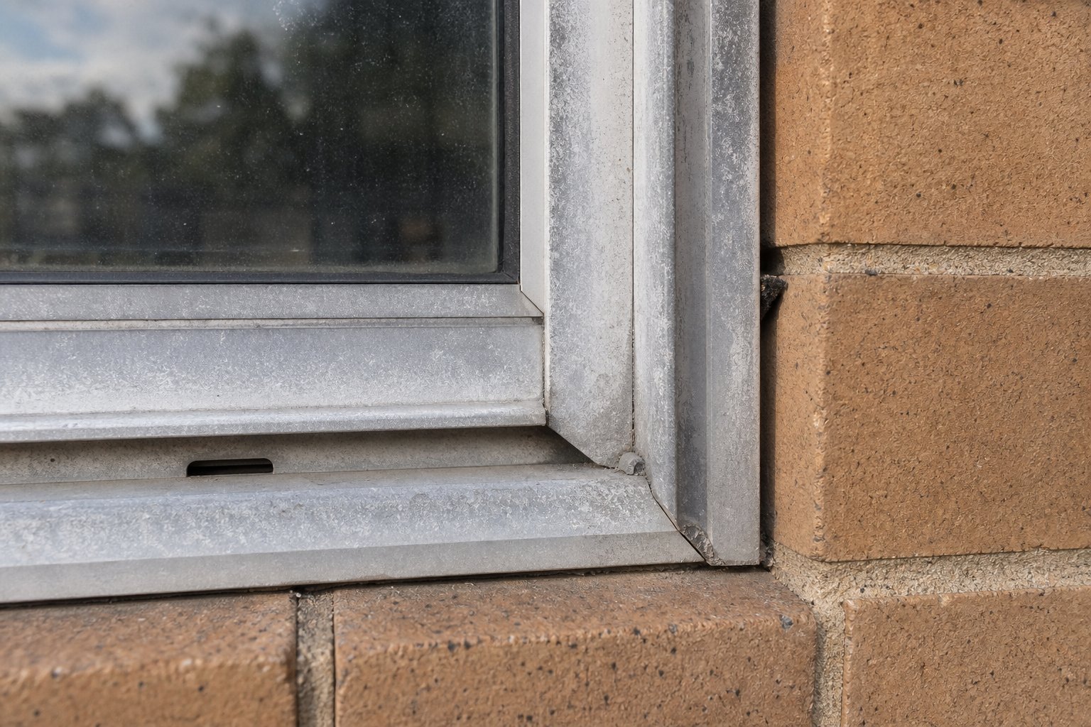 close inspection of an aluminium window frame corner showing signs of ageing that require professional assessment before retrofit