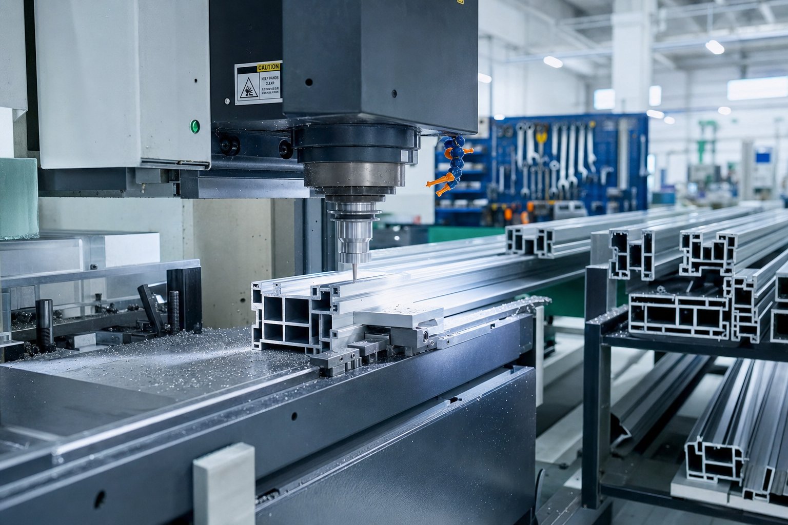 cnc machining centre performing precision routing and drilling on aluminium window profiles