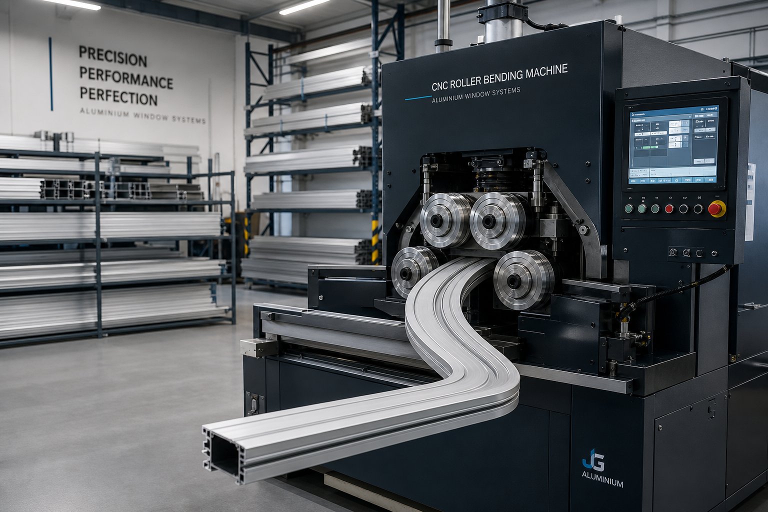 cnc roller bending machine curving an aluminium extrusion into a precise arch profile during fabrication