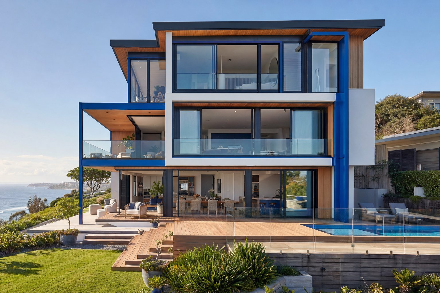 coastal australian home with blue aluminium sliding doors and fixed windows framing ocean views