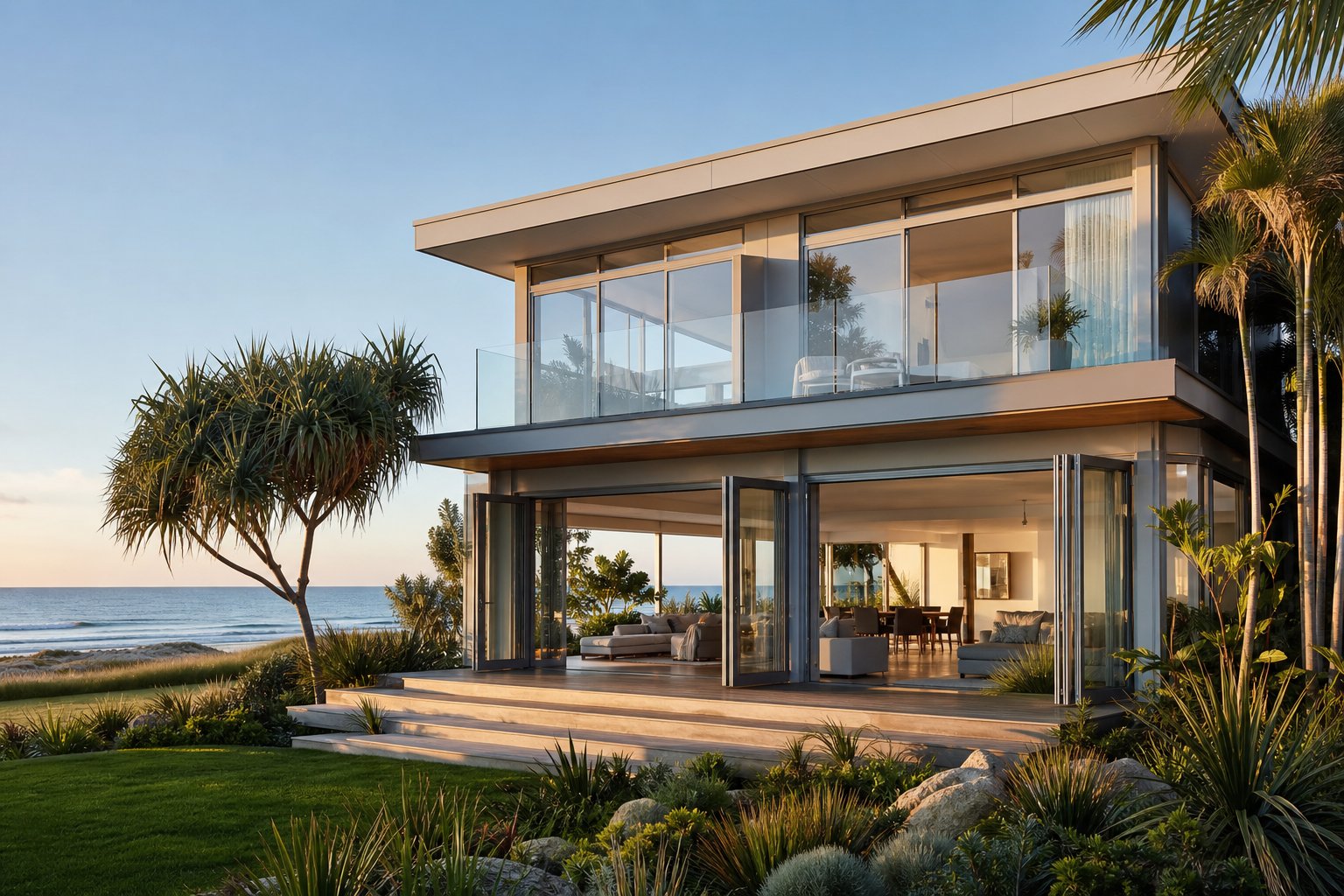 coastal australian home with corrosion resistant aluminium framed glazing designed for salt spray exposure and subtropical humidity