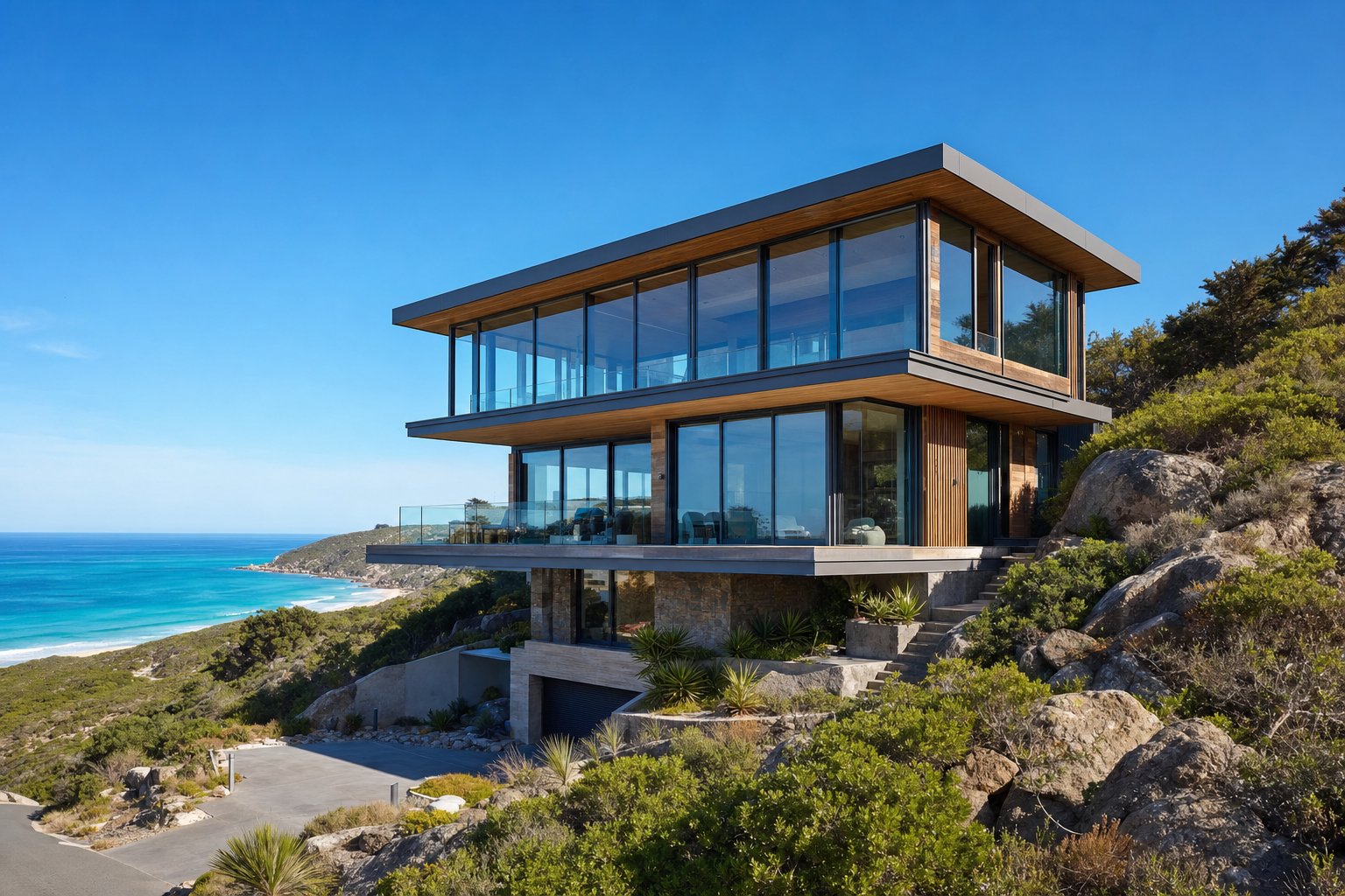 coastal australian home with corrosion resistant aluminium framed glazing engineered for salt air and high wind exposure
