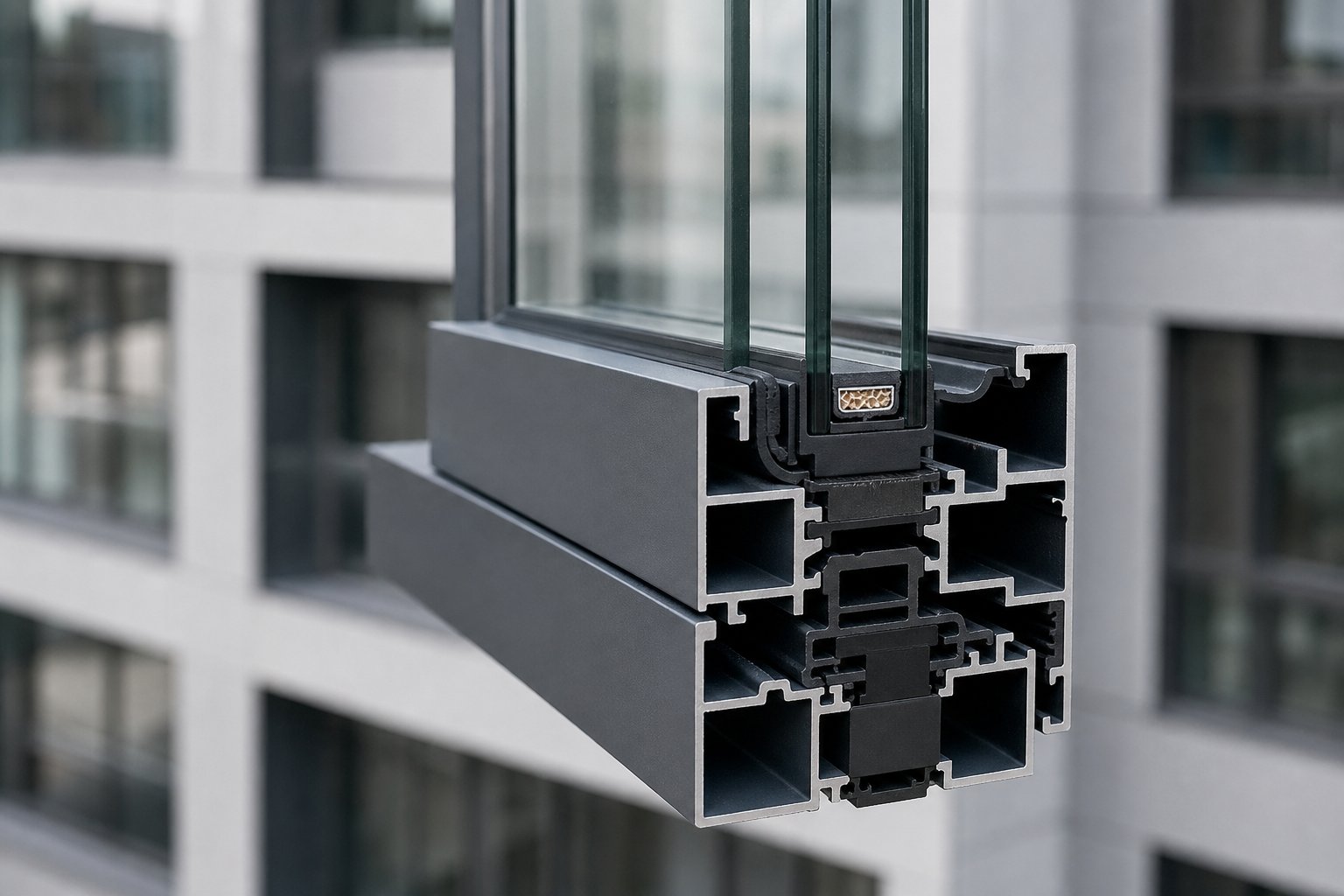 commercial aluminium window profile detail showing frame depth and sealed glazing unit built for as 2047 compliance