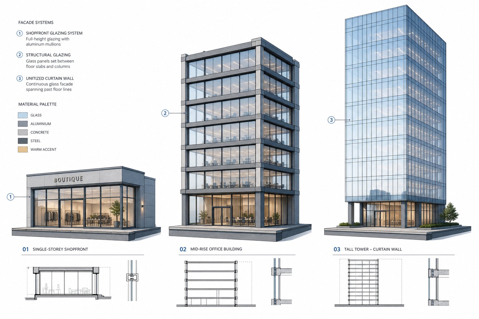 comparison of storefront window wall and curtain wall systems showing how each connects to the building structure differently
