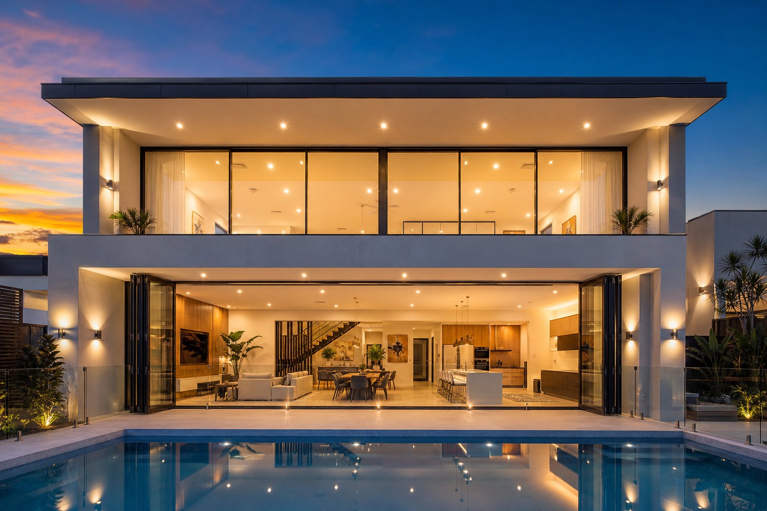 completed australian home at dusk highlighting premium aluminium window and door systems across the full facade