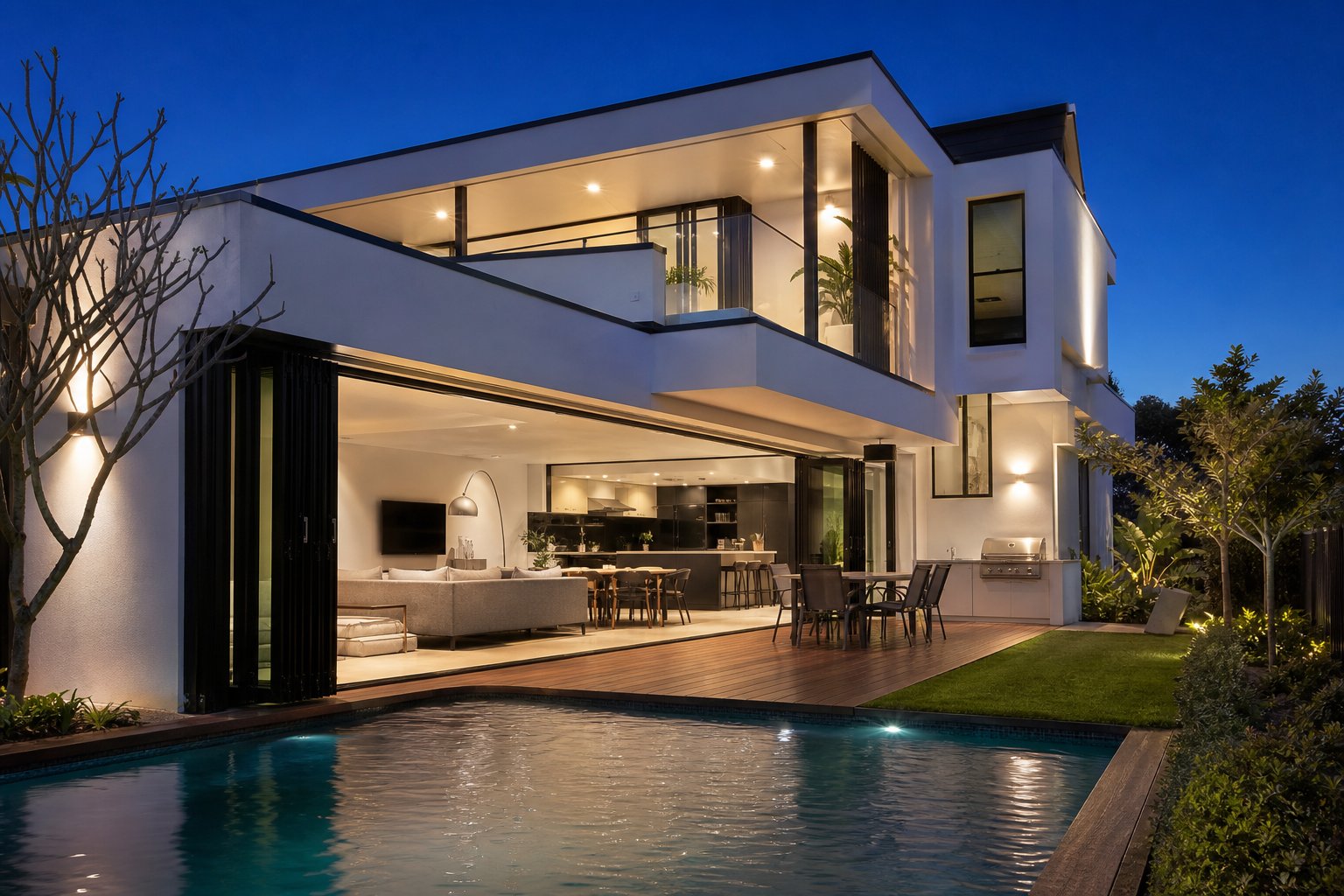 completed australian home with premium powder coated aluminium bi fold doors creating seamless indoor outdoor living