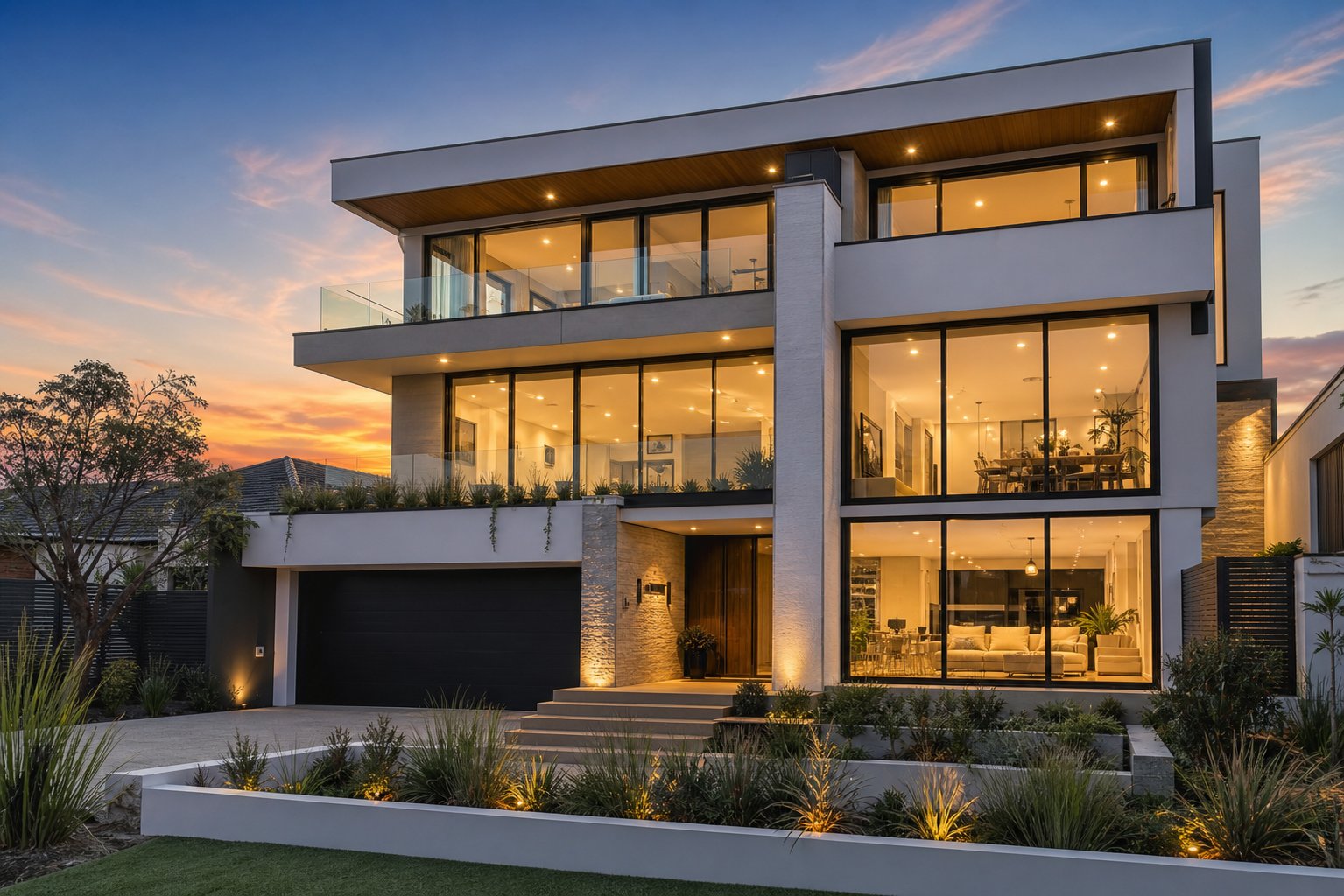 completed luxury home showcasing seamless aluminium window and flashing integration across all elevations